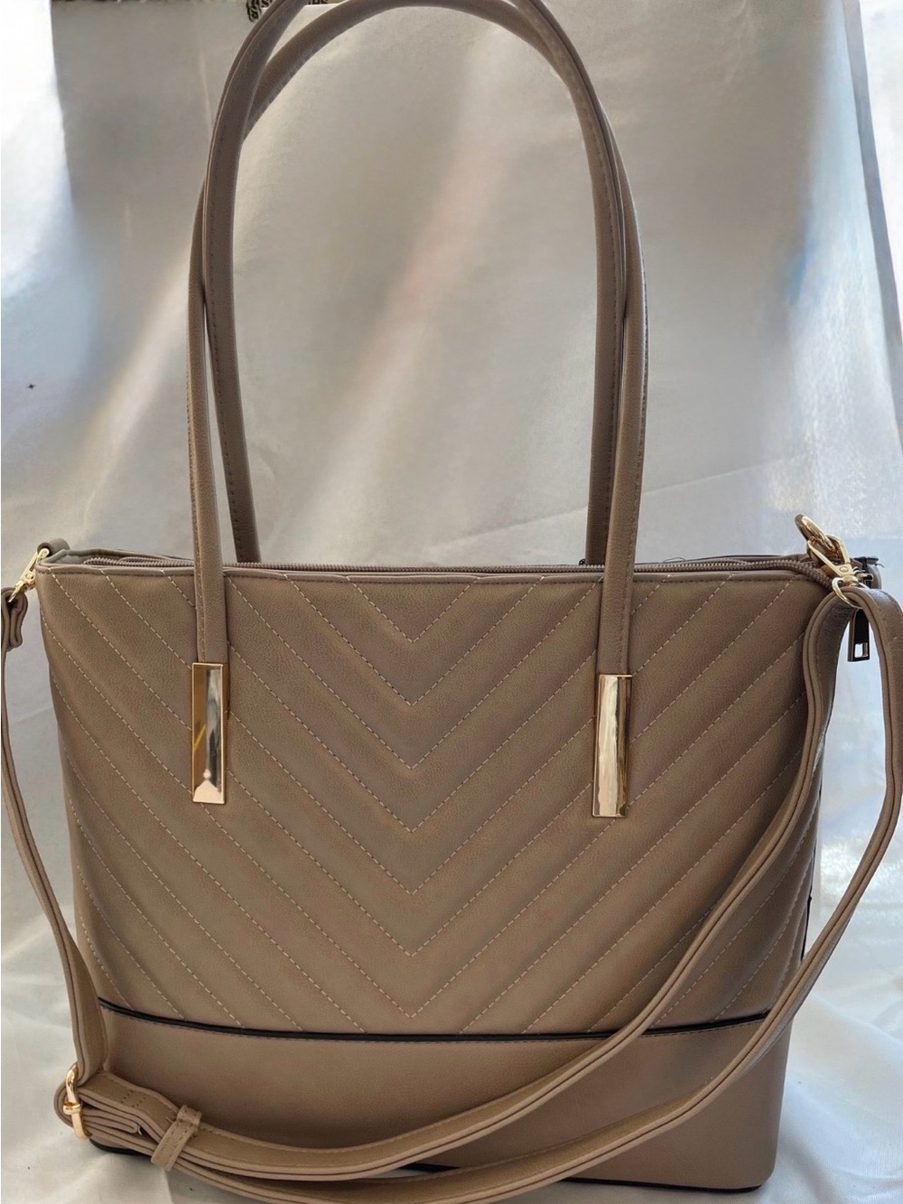 Taupe Quilted Tote Bag with Gold Accents - Women's Handbag